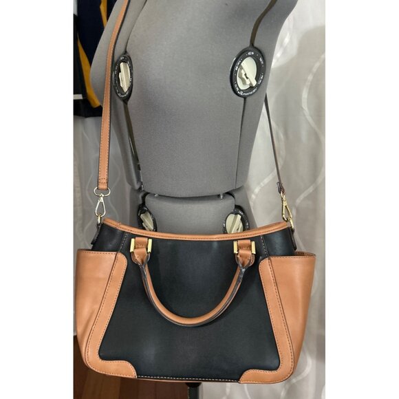 Kate Landry Black & Tan Satchel Handbag With Tassel Accent Crossbody Strap - Picture 3 of 11